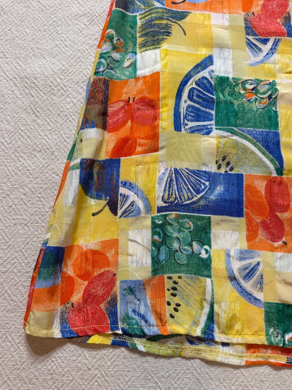 VTG 80s Fruit Print Yellow Patchwork Rayon Satin Popover Twiggy Dress S Mini - Picture 3 of 8